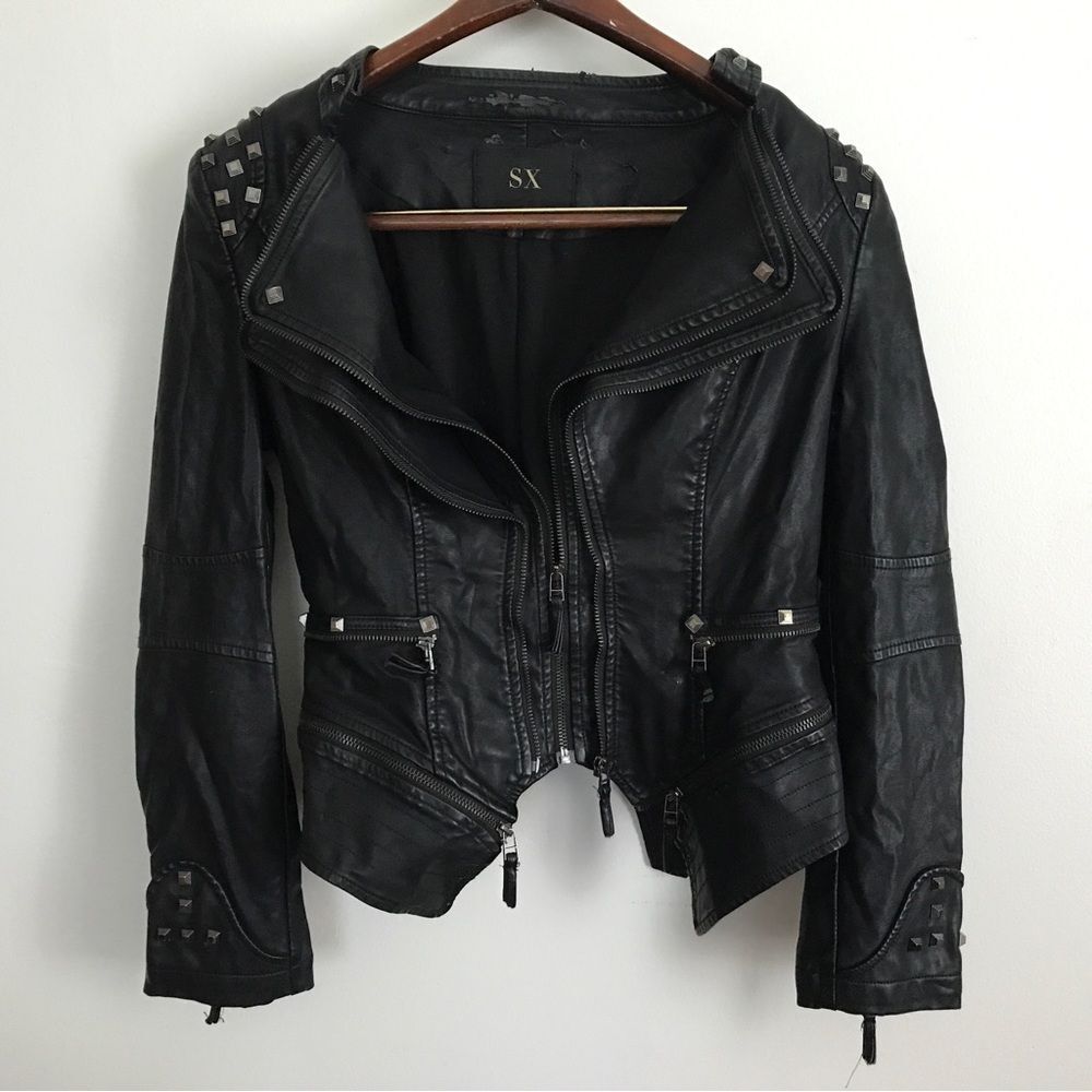 Women's Punk Studded Faux Leather Moto Jacket